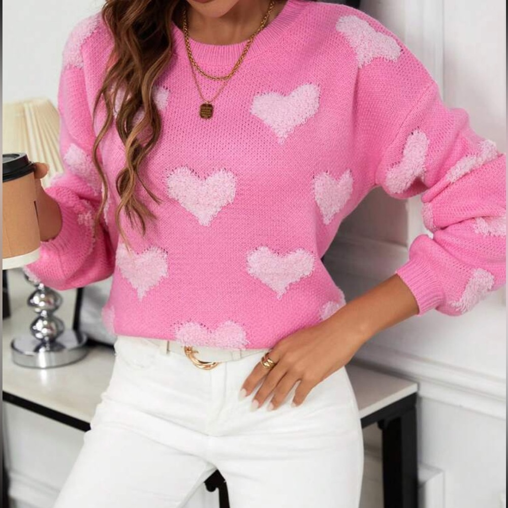 Pink Hearts Print Oversized Knit Sweater Top - Picture 4 of 6